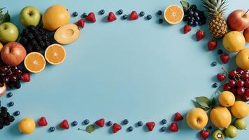 fruit on a blue table, design background object on the table, random fruit frame border photo