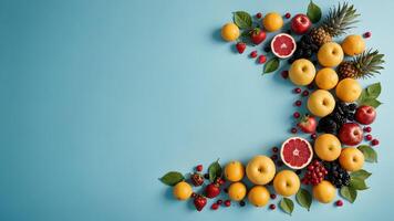 fruit on a blue table, design background object on the table, random fruit frame border photo