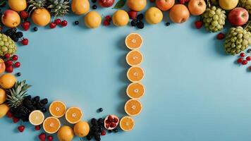 fruit on a blue table, design background object on the table, random fruit frame border photo