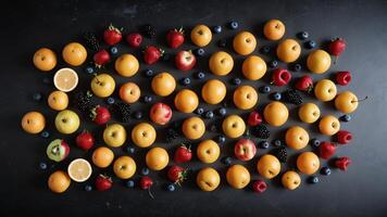 fruit on a black table, design background object on the table, random fruit frame border photo