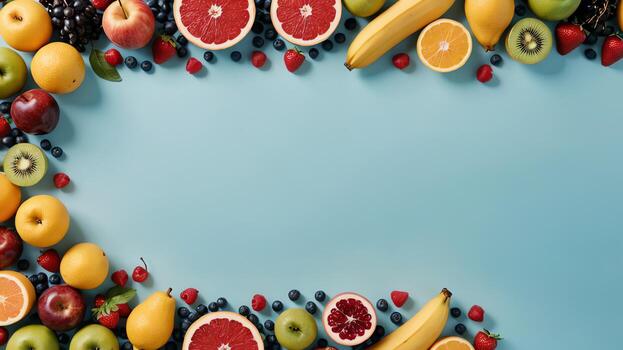 Fruta en un azul mesa, diseño antecedentes objeto en el mesa, aleatorio Fruta marco frontera foto