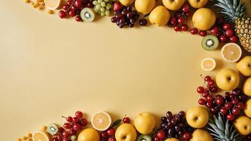 fruit on a yellow table, design background object on the table, random fruit frame border photo