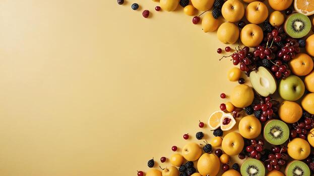 Fruta en un amarillo mesa, diseño antecedentes objeto en el mesa, aleatorio Fruta marco frontera foto