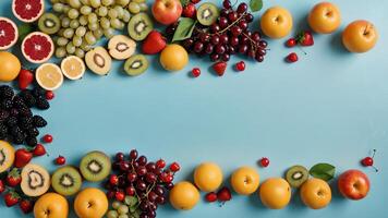 fruit on a blue table, design background object on the table, random fruit frame border photo