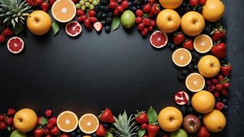 fruit on a black table, design background object on the table, random fruit frame border photo