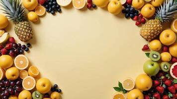 fruit on a yellow table, design background object on the table, random fruit frame border photo