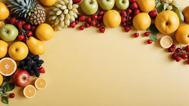 Fruta en un amarillo mesa, diseño antecedentes objeto en el mesa, aleatorio Fruta marco frontera foto