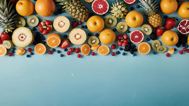 Fruta en un azul mesa, diseño antecedentes objeto en el mesa, aleatorio Fruta marco frontera foto