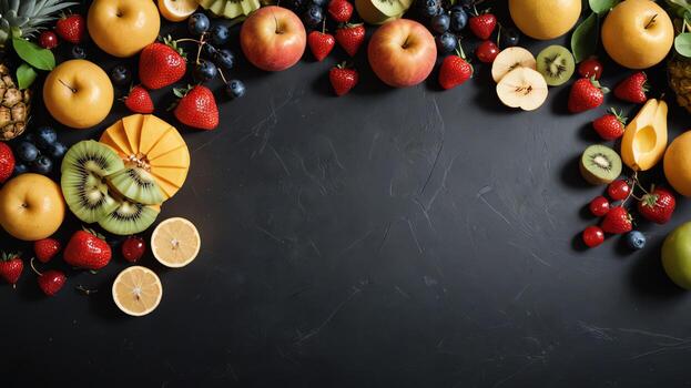 fruit on a black table, design background object on the table, random fruit frame border photo
