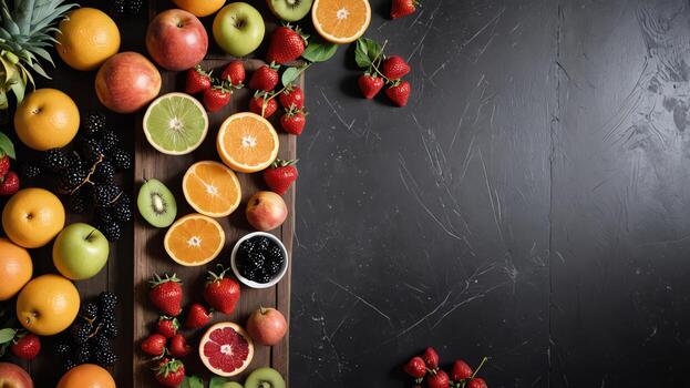 Fruta en un negro mesa, diseño antecedentes objeto en el mesa, aleatorio Fruta marco frontera foto
