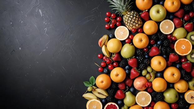 Fruta en un negro mesa, diseño antecedentes objeto en el mesa, aleatorio Fruta marco frontera foto