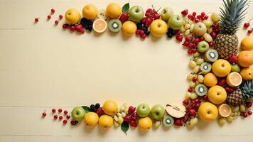 fruit on a yellow table, design background object on the table, random fruit frame border photo