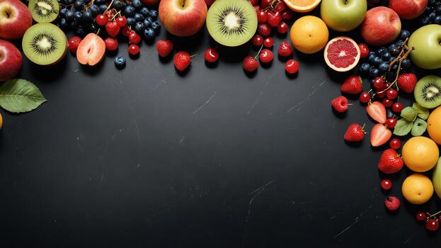 Fruta en un negro mesa, diseño antecedentes objeto en el mesa, aleatorio Fruta marco frontera foto