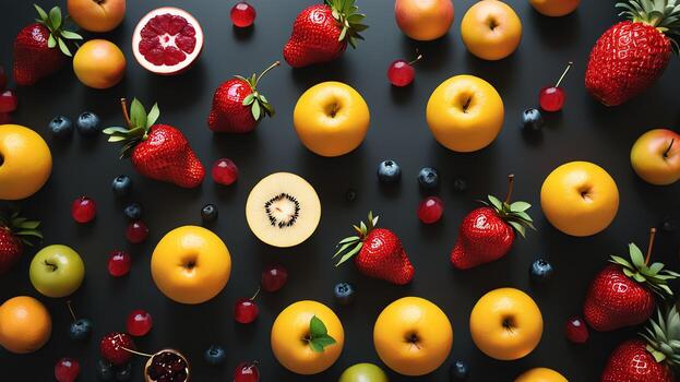 Fruta en un negro mesa, diseño antecedentes objeto en el mesa, aleatorio Fruta marco frontera foto