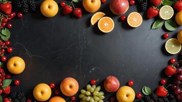 fruit on a black table, design background object on the table, random fruit frame border photo