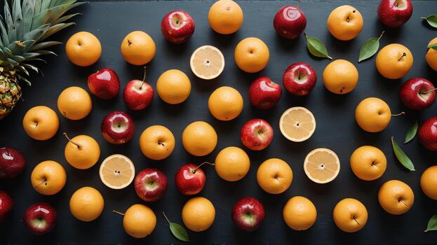 Fruta en un negro mesa, diseño antecedentes objeto en el mesa, aleatorio Fruta marco frontera foto