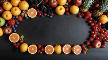 fruit on a black table, design background object on the table, random fruit frame border photo