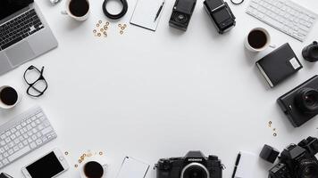 items on white table, background design random objects on table photo
