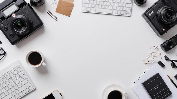 artículos en blanco mesa, antecedentes diseño aleatorio objetos en mesa foto