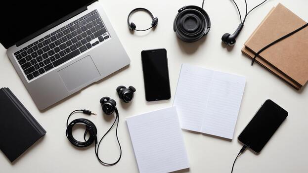 artículos en blanco mesa, antecedentes diseño aleatorio objetos en mesa foto