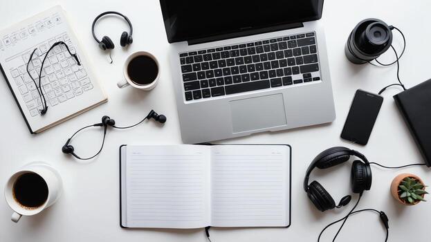 artículos en blanco mesa, antecedentes diseño aleatorio objetos en mesa foto