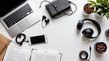 items on white table, background design random objects on table photo