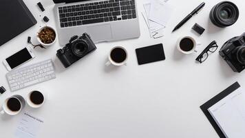 items on white table, background design random objects on table photo