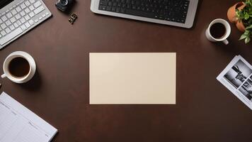 items on brown table, background design of random objects on table photo