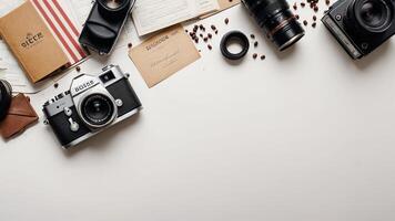 items on white table, background design random objects on table photo