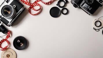items on white table, background design random objects on table photo