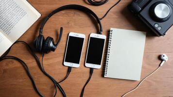 items on brown table, background design of random objects on table photo