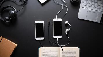 items on black table, background design of random objects on table photo