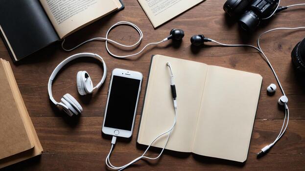 artículos en marrón mesa, antecedentes diseño de aleatorio objetos en mesa foto