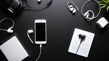 items on black table, background design of random objects on table photo