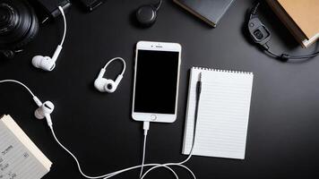 items on black table, background design of random objects on table photo
