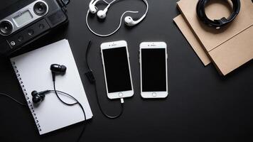 items on black table, background design of random objects on table photo