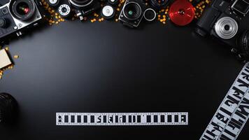 items on black table, background design of random objects on table photo