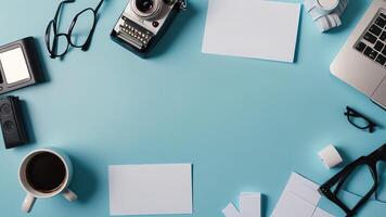 items on blue table, background design of random objects on table photo