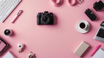 items on pink table, background design of random objects on table photo