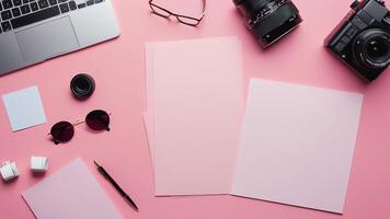 items on pink table, background design of random objects on table photo