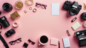 items on pink table, background design of random objects on table photo