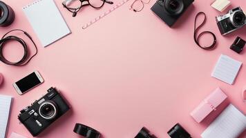 items on pink table, background design of random objects on table photo