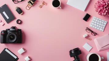 items on pink table, background design of random objects on table photo