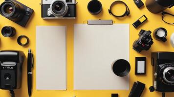items on yellow table, background design of random objects on table photo