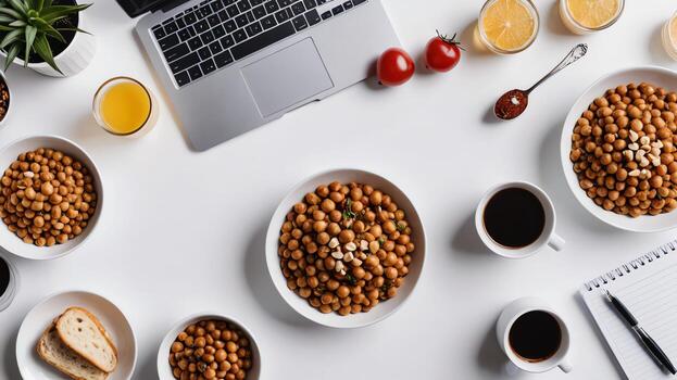 artículos y comida en blanco mesa, antecedentes diseño aleatorio objetos en mesa foto
