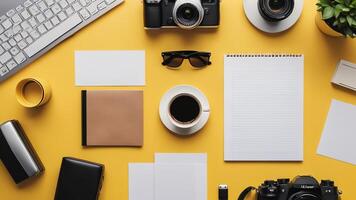 items on yellow table, background design of random objects on table photo
