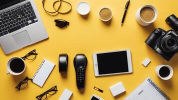 items on yellow table, background design of random objects on table photo