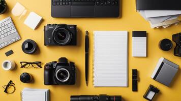 items on yellow table, background design of random objects on table photo
