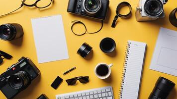 items on yellow table, background design of random objects on table photo