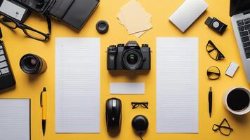 items on yellow table, background design of random objects on table photo